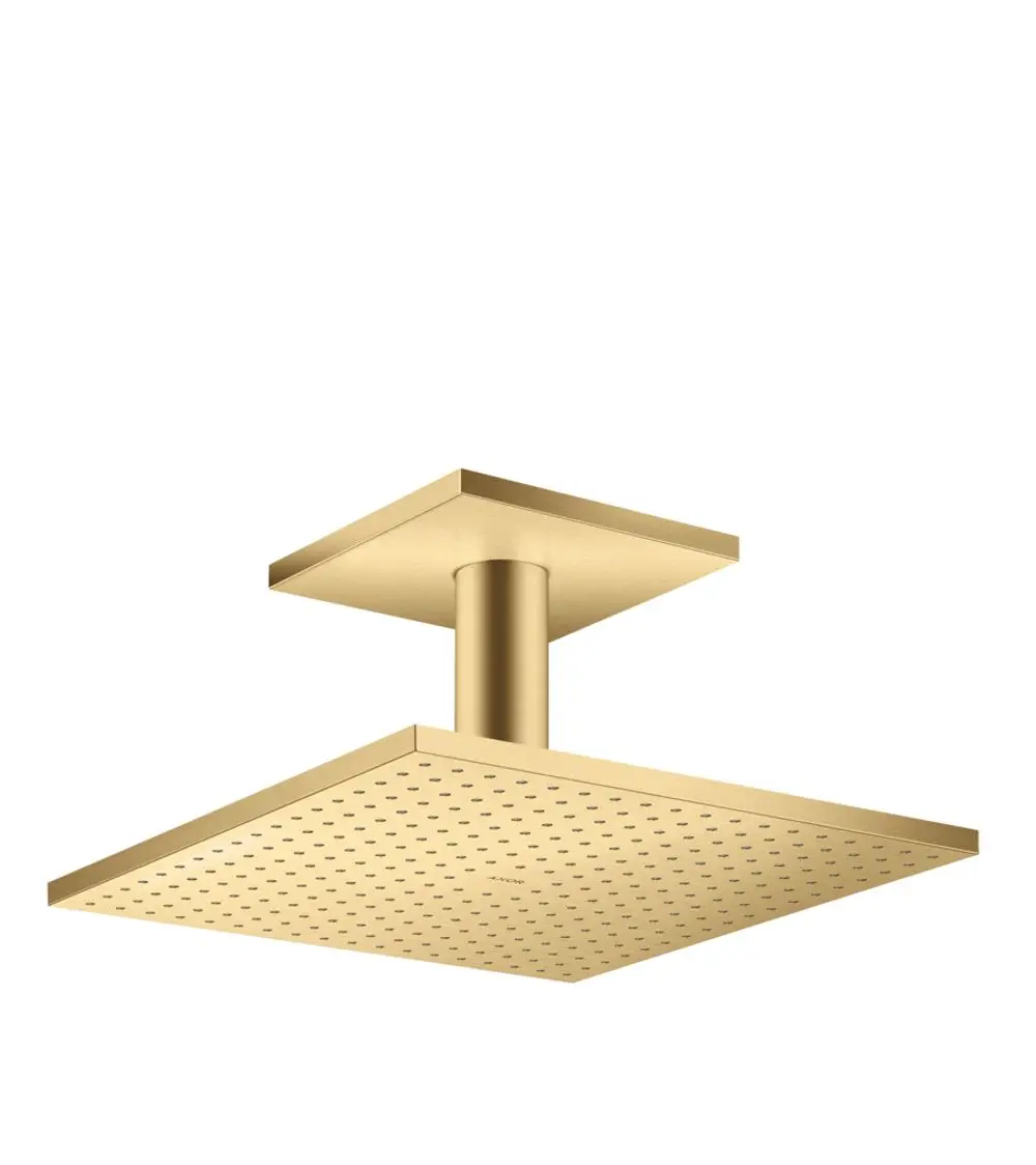 Oberflächenmontierte Kopfbrause in Brushed Gold Optik mit quadratischer Form und gleichmäßig verteilten Düsen, hergestellt von AXOR.